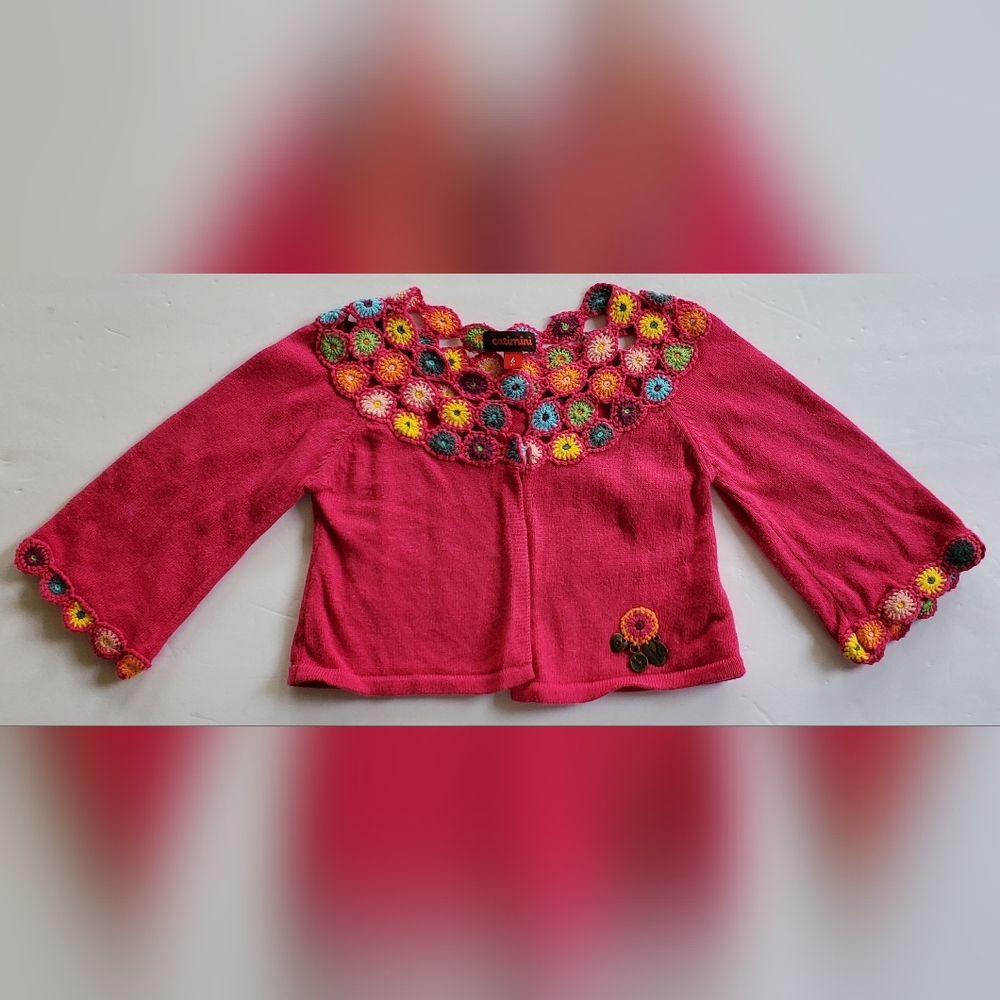 Catimini Pink Crochet Cardigan Sweater Baby Girls Size 6 Months